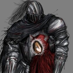Rule 34 | 1boy, 1girl, animal hood, armor, black souls, blonde hair, cape, commentary, covering face, grey background, grimm (black souls), height difference, highres, hood, hooded cape, knight, looking at viewer, one eye covered, red cape, red hood, red hood (black souls), tataeyo gekisakuka
