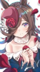 Rule 34 | 1girl, animal ears, bare shoulders, blush, brown hair, closed mouth, collarbone, film grain, flower, hair over one eye, highres, horse ears, horse girl, long hair, long sleeves, looking at viewer, petals, purple eyes, red flower, red headwear, red rose, rice shower (umamusume), rose, shiitake taishi, simple background, solo, tilted headwear, umamusume, upper body, white background