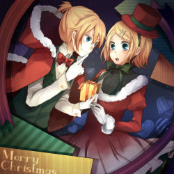 Rule 34 | 1boy, 1girl, aqua eyes, blonde hair, brother and sister, christmas, finger to mouth, gift, gloves, hair ornament, hairclip, hat, hood, kagamine len, kagamine rin, short hair, shushing, siblings, smile, tama (songe), top hat, twins, vocaloid