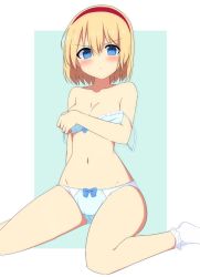 Rule 34 | 1girl, alice margatroid, aqua background, bad id, bad twitter id, bare arms, bare legs, bare shoulders, blonde hair, blue bow, blue bra, blue eyes, blue panties, border, bow, bow panties, bra, breasts, cleavage, collarbone, commentary request, covering privates, covering breasts, enushi (toho193), feet out of frame, frilled bra, frills, groin, hair between eyes, hairband, highres, looking at viewer, medium breasts, navel, outside border, panties, red hairband, short hair, simple background, sitting, socks, solo, stomach, strap slip, thighs, touhou, underwear, underwear only, v-shaped eyebrows, wariza, white border, white socks