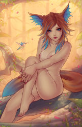 Rule 34 | 1girl, animal ear fluff, animal ears, barefoot, bird, blue eyes, blue hair, blush, breasts, brown hair, closed mouth, collarbone, commission, facial mark, feet, forest, fox ears, fox tail, gradient hair, hugging own legs, hummingbird, lips, long hair, looking at viewer, multicolored hair, nail polish, nature, navel, nipples, nude, original, outdoors, sitting, small breasts, solo, soranamae, tail, toes, two-tone hair, whisker markings