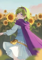 Rule 34 | 1girl, absurdres, belt pouch, blue eyes, blurry, blurry foreground, blush, cape, depth of field, e5nf8v, field, fire emblem, fire emblem: the blazing blade, flower, flower field, green hair, grin, hairband, highres, long sleeves, looking at viewer, looking back, nino (fire emblem), nintendo, outdoors, plaid, plaid vest, pouch, purple cape, purple hairband, shirt, short hair, skirt, smile, solo, sunflower, sunflower field, vest, white shirt, white skirt, yellow flower