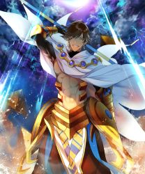 Rule 34 | 1boy, abs, ahoge, arm at side, arm up, black gloves, brown hair, cape, cloud, dark-skinned male, dark skin, egyptian, egyptian clothes, eyebrows, fate/grand order, fate/prototype, fate/prototype: fragments of blue and silver, fate (series), futaba hazuki, gauntlets, gloves, highres, holding, holding staff, jewelry, lightning, lightning bolt symbol, looking at viewer, male focus, muscular, necklace, ozymandias (fate), parted lips, pyramid (structure), sand, shrug (clothing), sky, smirk, solo, staff, topless male, white cape, yellow eyes