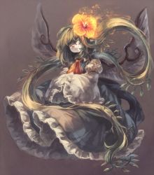 Rule 34 | 1girl, absurdly long hair, ascot, blue dress, daiyousei, dress, closed eyes, fairy wings, flower, flower on head, frilled dress, frills, green hair, grey background, hands in opposite sleeves, koto inari, long hair, long sleeves, messy hair, one eye closed, plant, ribbon, side ponytail, smile, solo, touhou, very long hair, vines, wide sleeves, wings
