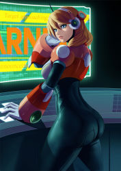 Rule 34 | 1girl, alia (mega man), android, armor, ass, black bodysuit, blonde hair, blue eyes, bodysuit, breasts, commentary, gloves, hand up, headgear, joints, lips, long hair, looking at viewer, looking back, medium breasts, mega man (series), mega man x (series), parted lips, robot ears, robot joints, simple background, skin tight, solo, zetman92