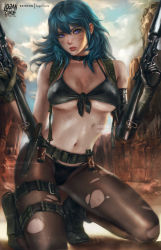 Rule 34 | 1girl, absurdres, asymmetrical gloves, belt, bikini, black bikini, blue hair, boots, breasts, byleth (female) (fire emblem), byleth (fire emblem), choker, cosplay, dirty, dirty face, dual wielding, elbow gloves, fire emblem, fire emblem: three houses, front-tie bikini top, front-tie top, gloves, gun, highres, holding, kneeling, knife, large breasts, lips, logan cure, long hair, looking at viewer, metal gear (series), metal gear solid, metal gear solid v: the phantom pain, mismatched gloves, navel, nintendo, outdoors, paid reward available, pantyhose, parted lips, purple eyes, quiet (metal gear), quiet (metal gear) (cosplay), short hair, single elbow glove, solo, sweat, swimsuit, torn clothes, torn pantyhose, watermark, weapon