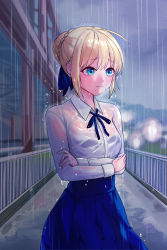 Rule 34 | 1girl, absurdres, artoria pendragon (all), artoria pendragon (fate), bad id, bad pixiv id, blonde hair, blue eyes, blue ribbon, blue skirt, blurry, blurry background, braid, closed mouth, collared shirt, crossed arms, crown braid, dress shirt, fate/stay night, fate (series), hair between eyes, hair ribbon, highres, lillly, long sleeves, neck ribbon, outdoors, pleated skirt, rain, ribbon, saber (fate), shirt, short hair, skirt, solo, standing, wet, wet clothes, wet hair, wet shirt, white shirt, wing collar