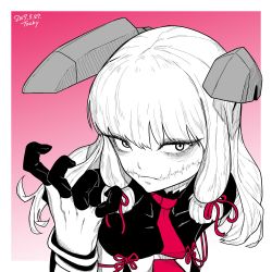 Rule 34 | 1girl, border, closed mouth, dated, glasgow smile, gradient background, headgear, highres, kantai collection, long hair, looking at viewer, murakumo (kancolle), necktie, red background, ribbon, sanpaku, scar, sidelocks, signature, solo, tocky, upper body, white border