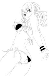 Rule 34 | 1girl, absurdres, bikini, breasts, fairy tail, female focus, from behind, greyscale, halterneck, highres, large breasts, lineart, lucy heartfilia, monochrome, planeptune, side-tie bikini bottom, simple background, solo, string bikini, swimsuit, transparent background, white background