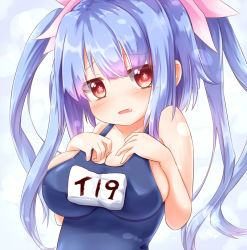 Rule 34 | 10s, 1girl, blue hair, blush, breasts, fang, female focus, i-19 (kancolle), kantai collection, kisa (k isa), large breasts, long hair, one-piece swimsuit, red eyes, school swimsuit, solo, star-shaped pupils, star (symbol), swimsuit, symbol-shaped pupils, twintails