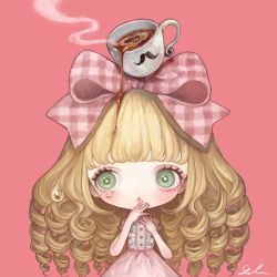 Rule 34 | 1girl, blonde hair, blush, bow, dress, drill hair, green eyes, hair bow, hands up, long hair, object on head, open mouth, original, pink background, pink bow, pink dress, plaid, plaid bow, ringlets, shadow, shirosaki london, simple background, solo, spill, steam, tears, upper body