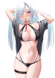 Rule 34 | 1girl, arms up, bare shoulders, bikini, black bikini, blue eyes, blush, breasts, cloud, commentary request, cowboy shot, genshin impact, hair over one eye, highres, large breasts, long hair, looking at viewer, mouth hold, multi-strapped bikini, navel, open clothes, shenhe (genshin impact), short sleeves, simple background, solo, standing, stomach, swimsuit, tatsumiya kagari, thigh strap, thighs, very long hair, white background, white hair