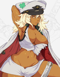 Rule 34 | 1girl, arm up, armpits, bandaged arm, bandages, blonde hair, breasts, cape, cleavage, clover, dark-skinned female, dark skin, four-leaf clover, guilty gear, hat, highres, large breasts, lips, looking at viewer, navel, orange eyes, peaked cap, ramlethal valentine, short shorts, shorts, solo, sweat, thick thighs, thighs, white cape, white shorts, yoracrab