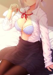 Rule 34 | 1girl, absurdres, bad id, bad twitter id, bed, bed sheet, black pantyhose, bra, breasts, cleavage, closed mouth, collarbone, commentary request, head out of frame, highres, large breasts, long sleeves, multicolored bra, multicolored clothes, ochiai miyabi, on bed, open clothes, open shirt, original, pantyhose, pink hair, ponytail, red neckwear, red ribbon, ribbon, shirt, sitting, skirt, solo, underwear, white shirt