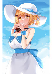 Rule 34 | 1girl, alternate costume, bikini, bikini under clothes, black choker, blonde hair, blue bikini, blue bow, blue ribbon, blue sky, blush, bow, breasts, choker, cleavage, closed mouth, cloud, cloudy sky, commentary, cowboy shot, day, dress, drink, drinking straw, ghost hair ornament, hair between eyes, hair ornament, hairclip, hat, hat ribbon, holding, holding drink, hololive, kosuke (bb), large breasts, looking at viewer, outdoors, ribbon, short hair, short twintails, sky, solo, strapless, strapless dress, sun hat, swimsuit, twintails, virtual youtuber, white dress, white hat, yellow eyes, yozora mel