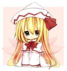Rule 34 | 1girl, a-iueo, aqua eyes, blonde hair, bow, capelet, child, dress, fairy wings, hat, hat ribbon, lily white, long hair, long sleeves, looking at viewer, pink background, ribbon, sitting, smile, solo, touhou, v arms, very long hair, wariza, white dress, wings, aged down