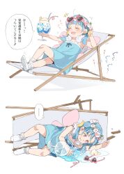 Rule 34 | ..., 1girl, :d, bare arms, bare shoulders, blue dress, blue hair, blush, chair, closed eyes, comic, commentary request, crazy straw, crescent, crescent hair ornament, cup, dress, drink, drinking straw, eyewear on head, flower, flower wreath, gomennasai, hair ornament, head wreath, heart, heart-shaped eyewear, highres, holding, holding cup, ice, ice cube, long hair, lounge chair, no shoes, open mouth, original, pink-framed eyewear, pink flower, purple flower, red eyes, simple background, sleeveless, sleeveless dress, smile, socks, soles, spoken ellipsis, sunglasses, translation request, white background, white flower, white socks