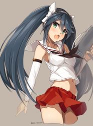 Rule 34 | 1girl, bare shoulders, blue hair, blush, brown background, brown neckerchief, cropped legs, detached sleeves, fang, green eyes, highres, holding, isuzu (kancolle), kantai collection, long hair, neckerchief, open mouth, pleated skirt, red skirt, sailor collar, school uniform, serafuku, simple background, skirt, solo, takanashi kei (hitsujikan), twintails, twitter username, white sailor collar