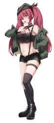 Rule 34 | 1girl, absurdres, asymmetrical legwear, bad id, bad pixiv id, bare shoulders, black choker, black thighhighs, breasts, choker, commission, crop top, full body, fur-trimmed hood, fur trim, green jacket, hair between eyes, hair ornament, hand on own hip, hand on own chest, hat, highres, hood, jacket, long sleeves, midriff, navel, off shoulder, original, pharamacom, red hair, shoes, short shorts, shorts, sidelocks, simple background, sneakers, solo, standing, thigh strap, thighhighs, twintails, white background