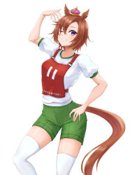Rule 34 | 1girl, animal ears, arm up, character name, commentary, crown, green shorts, grin, gym shirt, gym shorts, gym uniform, hand on own hip, highres, horse ears, horse girl, horse tail, kemuri (etep3372), looking at viewer, mini crown, one eye closed, orange hair, purple eyes, race bib, shirt, short hair, short sleeves, shorts, simple background, smile, solo, standing, t-shirt, t.m. opera o (umamusume), tail, thighhighs, translated, umamusume, white background, white shirt, white thighhighs