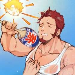 Rule 34 | 1boy, alternate costume, bara, beard, biceps, blush, brown hair, facial hair, fate/grand order, fate (series), fujimaru ritsuka (male), goatee, hand fan, highres, large pectorals, long sideburns, male focus, manly, meme, motion blur, muscular, napoleon bonaparte (fate), no scar, open mouth, paper fan, pectorals, retaliationgraphics, see-through, sideburns, simple background, sky, smile, solo, sun, sweat, tank top, veins, white tank top
