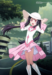Rule 34 | 1girl, :d, absurdres, black hair, blouse, blush, boots, building, bush, city, cloud, cloudy sky, egao no daika, grass, green sky, hand on headwear, hat, highres, knee boots, knees together feet apart, layered skirt, magazine scan, megami magazine, official art, open mouth, outdoors, pigeon-toed, pink eyes, pink shirt, pink skirt, print shirt, road, round teeth, scan, shirt, skirt, sky, smile, solo, standing, teeth, tongue, tree, twintails, upper teeth only, wagatsuma yasumi, white footwear, white hat, white shirt, white skirt, wind, wind lift, yuuki soleil