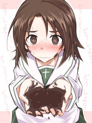 Rule 34 | 10s, 1girl, @ @, absurdres, blush, brown eyes, brown hair, chocolate, chocolate on face, food, food on face, girls und panzer, highres, isofude, ooarai school uniform, sawa azusa, school uniform, solo, sweat, translation request, valentine, wavy mouth