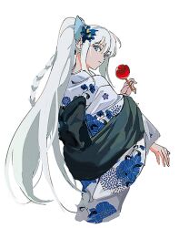 Rule 34 | 1girl, candy apple, food, japanese clothes, kimono, long hair, looking at viewer, looking back, original, solo, ss un17, very long hair, white background, white hair