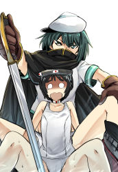 Rule 34 | 10s, 2girls, bai lao shu, black hair, cape, diving mask, diving mask on head, eyepatch, gloves, goggles, goggles on head, green hair, hat, heterochromia, highres, kantai collection, kiso (kancolle), maru-yu (kancolle), multiple girls, no eyepatch, o o, one-piece swimsuit, open mouth, remodel (kantai collection), scared, school swimsuit, school uniform, short hair, swimsuit, sword, weapon, white school swimsuit, white one-piece swimsuit