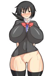 Rule 34 | 1girl, black hair, black thighhighs, bottomless, breasts, covered erect nipples, curvy, female focus, houjuu nue, huge breasts, musuka (muska), navel, pussy, red eyes, shirt, short hair, simple background, solo, standing, sweat, thighhighs, touhou, uncensored, white background, wide hips