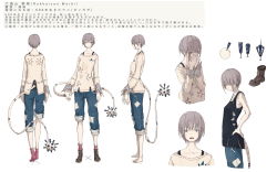 Rule 34 | 1girl, barefoot, blue eyes, blue pants, boots, unworn boots, brown footwear, character sheet, covered mouth, eyes visible through hair, facing away, grey hair, hair over one eye, hand on own hip, covering own mouth, highres, large hands, long sleeves, looking at viewer, looking away, multiple views, no shoes, off-shoulder shirt, off shoulder, orb, original, pants, pants rolled up, red legwear, rokkaizan meibi, shirt, short hair, sideways glance, simple background, sleeveless, socks, standing, stitches, tail, tank top, translation request, turnaround, undershirt, white background, white shirt, yukima (yushika)