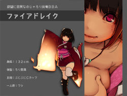 Rule 34 | 1girl, arm up, black hair, boots, breasts, character name, character profile, dragon tail, full body, grey background, horns, japanese clothes, jewelry, kimono, looking at viewer, muk (monsieur), multiple views, obi, original, pendant, pink eyes, purple eyes, sash, simple background, sleeves past wrists, smile, standing, standing on one leg, tail, thighhighs, translated, white thighhighs, wide sleeves, zettai ryouiki