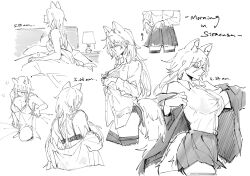 Rule 34 | animal ears, arknights, bed, bra, breasts, coat, dressing, extra ears, glk sier, highres, large breasts, monochrome, morning, multiple views, nightgown, panties, penance (arknights), shirt, sketch, skirt, tail, thighhighs, underwear, white shirt, wolf ears, wolf girl, wolf tail