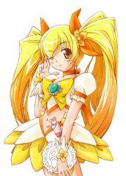 Rule 34 | 10s, blonde hair, bow, brooch, cure sunshine, heartcatch precure!, jewelry, midriff, miniskirt, navel, precure, skirt, smile, twintails, wink