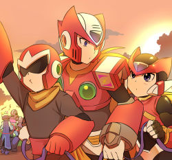 Rule 34 | android, arm up, armor, blonde hair, blue eyes, character request, cloud, cyber elf x (mega man), helmet, jiayu long, mega man (character), mega man (classic), mega man (series), mega man x (series), mega man zero (series), mega man zx, musical note, outdoors, proto man, ribbon, scarf, sunset, sweatdrop, tree, visor, x (mega man), zero(z) (mega man), zero (mega man)