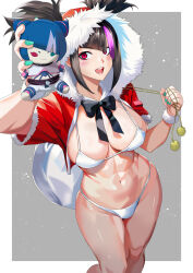 Rule 34 | 1girl, abs, absurdres, aqua nails, asymmetrical bangs, bikini, breasts, capelet, christmas, fur-trimmed capelet, fur trim, han juri, highres, holding, holding sack, holding stuffed toy, multicolored hair, muscular, muscular female, open mouth, red eyes, sack, smile, solo, street fighter, street fighter 6, striped, stuffed toy, swimsuit, two-tone hair, white bikini, yagi (joe731842)