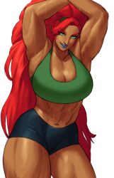 Rule 34 | 1girl, absurdres, alternate costume, arms up, black shorts, blue lips, breasts, cleavage, dark-skinned female, dark skin, gerudo, green eyes, green sports bra, highres, huge breasts, long hair, looking at viewer, muscular, muscular female, navel, nintendo, red hair, short shorts, shorts, simple background, solo, sotcho, sports bra, sportswear, the legend of zelda, the legend of zelda: breath of the wild, urbosa, white background