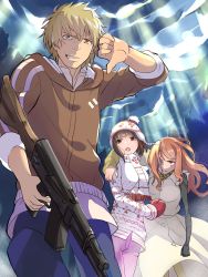 Rule 34 | 1boy, 2girls, :d, arm around neck, blonde hair, blue pants, brown eyes, brown hair, brown sweater, cloud, cloudy sky, coat, coat dress, colored pencil (medium), colorized, eyepatch, floating hair, from below, gloves, gun, hamazura shiage, hat, highres, holding, holding gun, holding weapon, hood, hood down, hooded sweater, long hair, looking at viewer, mittens, mugino shizuri, multiple girls, nanaheibei 3, open mouth, outdoors, pants, pink pants, print sweater, prosthesis, prosthetic arm, red gloves, rifle, short hair, sky, smile, standing, sunlight, sweater, takitsubo rikou, toaru majutsu no index, toaru majutsu no index: old testament, traditional media, weapon, white coat, white headwear, white sweater
