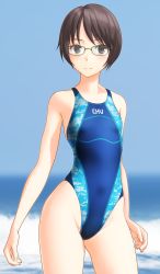 Rule 34 | 1girl, black eyes, black hair, blue one-piece swimsuit, blurry, breasts, clothes writing, commentary request, competition swimsuit, cowboy shot, depth of field, glasses, highleg, highleg swimsuit, highres, horizon, looking at viewer, ocean, one-piece swimsuit, original, short hair, small breasts, solo, standing, swimsuit, takafumi, waves