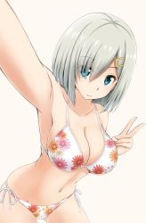 Rule 34 | 10s, 1girl, bikini, blue eyes, breasts, collarbone, dutch angle, eyes visible through hair, floral print, foreshortening, fuuma nagi, gluteal fold, grey background, hair ornament, hair over one eye, hairclip, hamakaze (kancolle), kantai collection, large breasts, looking at viewer, navel, panties, reaching, reaching towards viewer, selfie, short hair, side-tie bikini bottom, side-tie panties, silver hair, simple background, smile, solo, swimsuit, underwear, v, white bikini