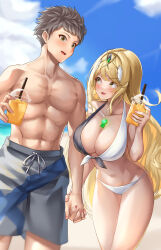 Rule 34 | 1boy, 1girl, :d, abs, absurdres, aged up, alternate costume, beach, bikini, blonde hair, blue sky, breasts, brown eyes, brown hair, chest jewel, circlet, cleavage, cloud, cloudy sky, collarbone, cowboy shot, cup, drawstring, drinking straw, grey male swimwear, grey swim trunks, highres, holding, holding cup, holding hands, large breasts, lemonade, long hair, looking at another, male swimwear, muscular, muscular male, mythra (xenoblade), navel, open mouth, outdoors, rex (xenoblade), short hair, sky, smile, swept bangs, swim trunks, swimsuit, topless male, very long hair, white-paka, white bikini, xenoblade chronicles (series), xenoblade chronicles 2, yellow eyes
