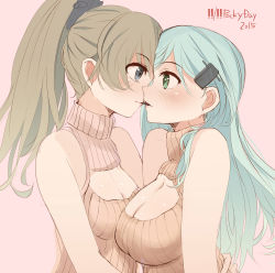 Rule 34 | 10s, 2015, 2girls, aqua eyes, aqua hair, bad id, bad pixiv id, bare arms, bare shoulders, blue eyes, blue hair, blush, breasts, brown hair, cleavage, cleavage cutout, clothing cutout, eye contact, female focus, food, from side, green eyes, hair ornament, hairclip, highres, hug, imminent kiss, kantai collection, kumano (kancolle), large breasts, light blue hair, long hair, looking at another, multiple girls, pink background, pocky, pocky kiss, ponytail, shared food, simple background, sleeveless, sleeveless turtleneck, small breasts, smile, suzuya (kancolle), sweater vest, tebi (tbd11), turtleneck, upper body, yuri