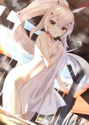Rule 34 | 1girl, ass, ayanami (azur lane), azur lane, bare shoulders, blurry, breasts, bucket, cleavage, collarbone, commentary request, covering privates, depth of field, groin, hair between eyes, hair ornament, hairclip, headgear, highres, in water, long hair, looking at viewer, midriff, naked towel, nude cover, onsen, orange eyes, parted lips, ponytail, retrofit (azur lane), shinko gunsei, sidelocks, silver hair, solo, standing, steam, towel, very long hair, wading, wet towel, wooden bucket