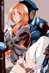 Rule 34 | 1girl, 2boys, bleach, blush, censored, clothed sex, clothes lift, dark-skinned male, dark skin, female pubic hair, highres, inoue orihime, lifting another&#039;s clothes, long hair, maxi, multiple boys, orange eyes, orange hair, panties, panties around leg, parted lips, penis, pink panties, police, pubic hair, pussy, school uniform, sex, skirt, skirt lift, tearing up, text focus, thighhighs, underwear, white thighhighs, wrist cuffs