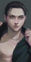 Rule 34 | 1boy, bare pectorals, brown hair, closed mouth, collarbone, dressing, eren yeager, expressionless, green background, green eyes, green jacket, hair slicked back, hands up, highres, jacket, looking to the side, male focus, nipples, open clothes, open jacket, otakumi (user krmf7787), pectorals, shingeki no kyojin, simple background, solo, toned, toned male, tsurime, upper body
