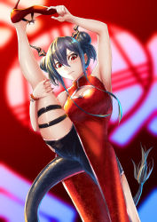 Rule 34 | 1girl, absurdres, arknights, arm up, armpits, bare arms, bare legs, bare shoulders, bead bracelet, beads, black shorts, blue hair, blurry, blurry background, bracelet, breasts, ch&#039;en (ageless afterglow) (arknights), ch&#039;en (arknights), china dress, chinese clothes, cleavage cutout, clothing cutout, commentary request, cowboy shot, double bun, dragon horns, dragon tail, dress, flexible, hair between eyes, hair bun, hand up, high heels, highres, horns, ikastak, jewelry, leg up, long hair, looking at viewer, medium breasts, official alternate costume, red dress, red eyes, red footwear, short shorts, shorts, sidelocks, sleeveless, sleeveless dress, solo, standing, standing on one leg, tail, thigh strap, thighs