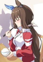 Rule 34 | 1girl, admire vega (umamusume), animal ears, bow, bowl, brown hair, chair, chopsticks, closed eyes, closed mouth, commentary request, ear covers, eating, food, highres, holding, holding bowl, holding chopsticks, horse ears, horse girl, jacket, long hair, long sleeves, on chair, ponytail, red jacket, rice bowl, shadow, simple background, single ear cover, sitting, solo, sunny (20597521), table, track jacket, umamusume, upper body, very long hair, white background, white bow, wooden chair, wooden table