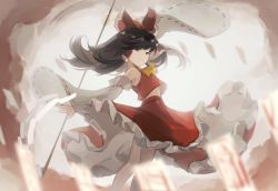 Rule 34 | 1girl, arm above head, ascot, bare shoulders, black hair, blurry, bow, breedo, cloud, commentary, depth of field, detached sleeves, feet out of frame, frilled hair tubes, frilled skirt, frills, from side, gohei, grey eyes, hair tubes, hakurei reimu, highres, holding, holding gohei, long hair, looking at viewer, ofuda, red bow, red skirt, red vest, ribbon-trimmed sleeves, ribbon trim, skirt, solo, touhou, touhou lost branch of legend, vest, white sleeves, yellow ascot