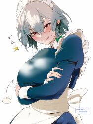 Rule 34 | 1girl, absurdres, artist name, banned artist, blush, braid, breasts, dumpling, food, french braid, grey hair, hekiga (freelot), highres, izayoi sakuya, large breasts, red eyes, short hair, solo, star (symbol), tongue, tongue out, touhou, white background