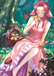 Rule 34 | 1girl, absurdres, aerith gainsborough, bare shoulders, bird, braid, brown hair, rabbit, buttons, choker, dress, closed eyes, female focus, final fantasy, final fantasy vii, final fantasy vii remake, flower, flower basket, forest, fox, highres, jewelry, kanno satsuki, lily (flower), long dress, nature, necklace, pink dress, purple flower, red flower, ribbon, solo, square enix, squirrel, tree, yellow flower